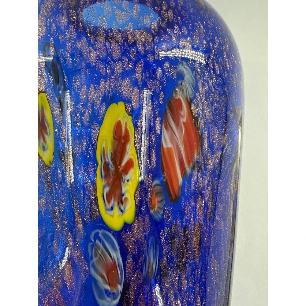 Blown Glass Art Glass Vase Cobalt‎ Blue Millefiori Copper Aventurine 10 Inch